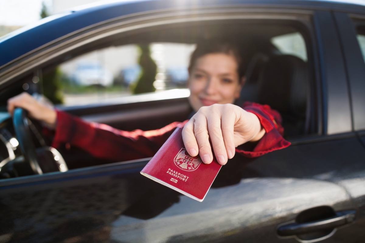 devojka sedi u automobilu na graničnom prelazu drži pasoš u ruci