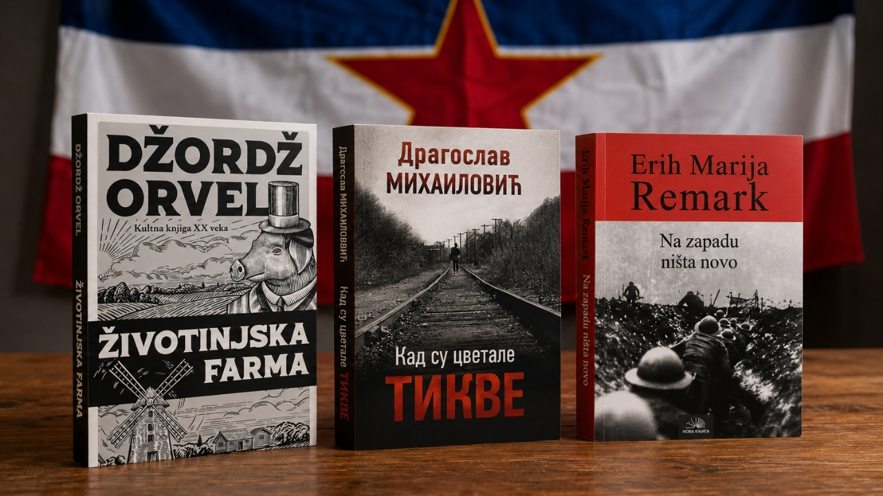 Knjige „Životinjska farma“, „Kad su cvetale tikve“ i „Na zapadu ništa novo“ ispred zastave Jugoslavije