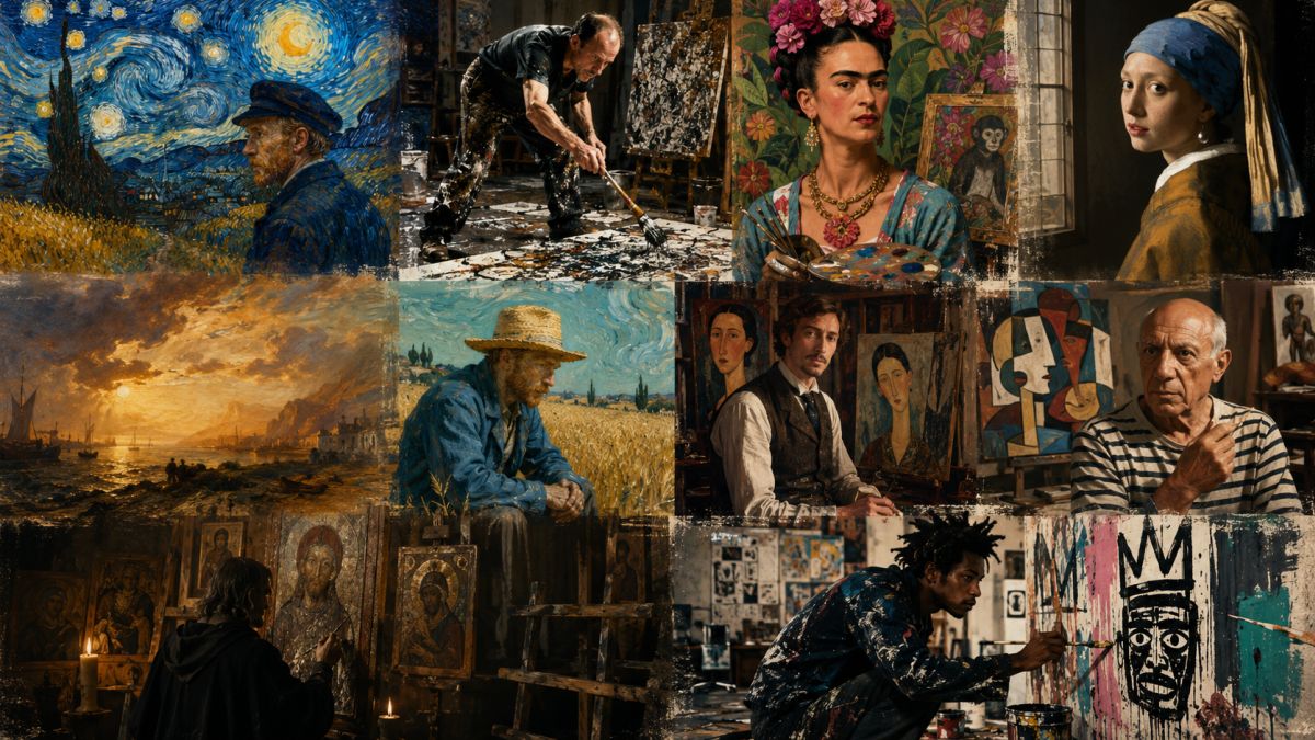 Kolaž scena inspirisanih filmovima o velikim slikarima, sa portretima umetnika, slikarskim ateljeima i prepoznatljivim vizuelnim stilovima od Van Goga i Fride Kalo do Pikasa i Baskijata