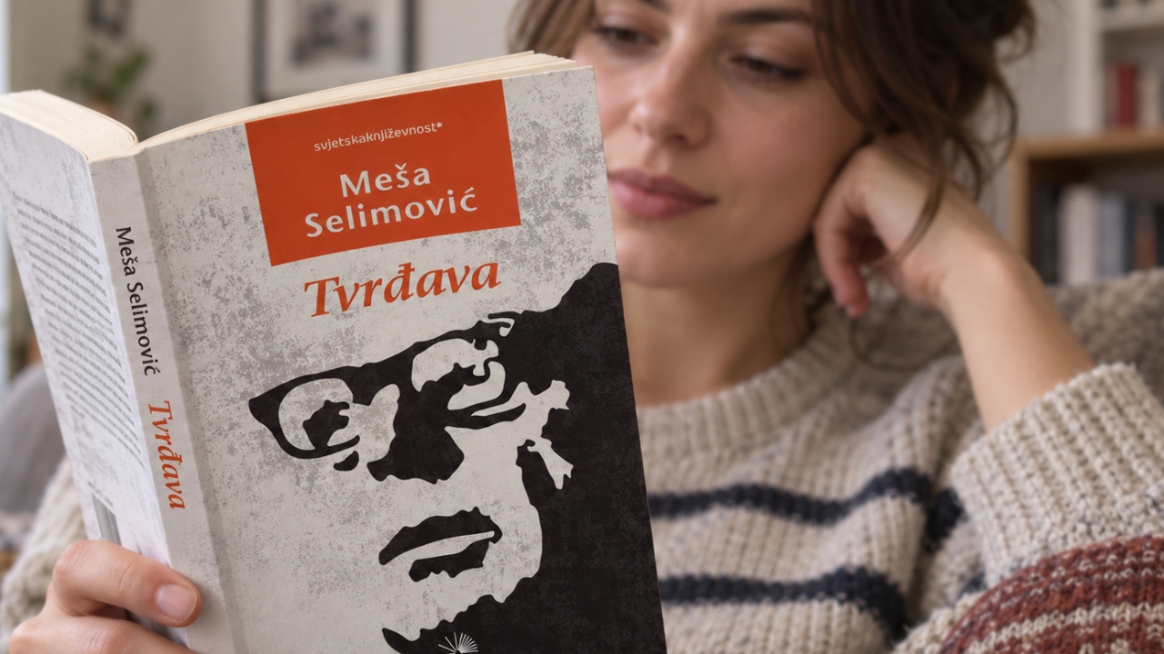 Žena u kućnom ambijentu čita knjigu „Tvrđava“ Meše Selimovića.