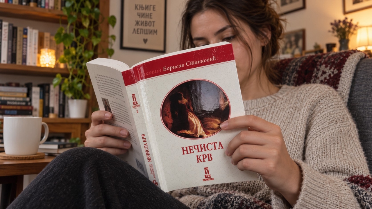 Devojka čita roman Nečista krv u kućnom ambijentu.