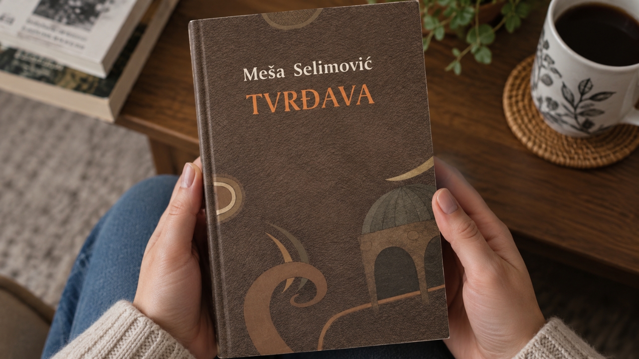 Ruke drže knjigu „Tvrđava“ Meše Selimovića u toplom kućnom ambijentu.