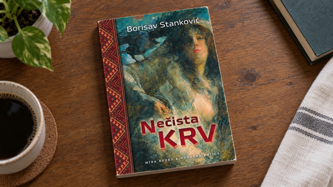 Knjiga Nečista krv Borisava Stankovića na drvenom stolu pored šolje kafe.