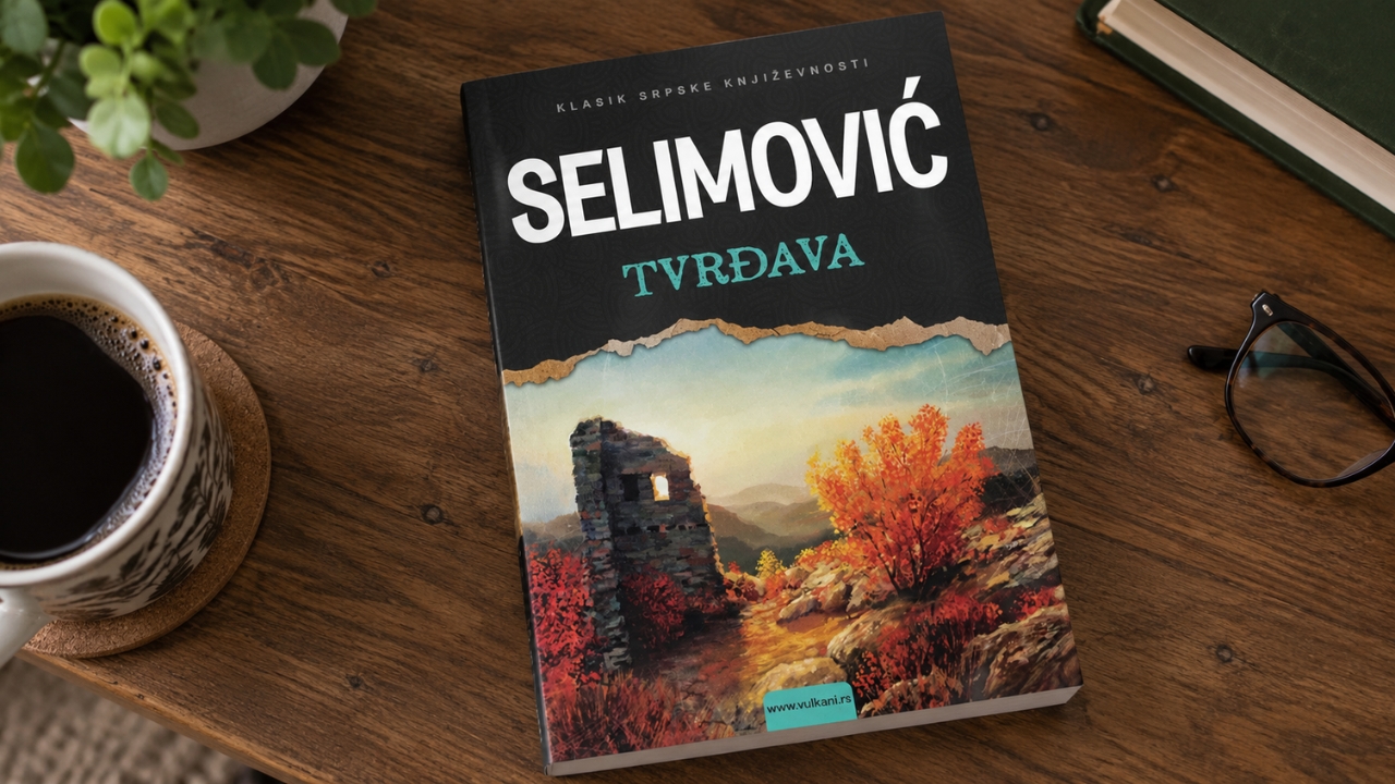 Knjiga „Tvrđava“ Meše Selimovića na drvenom stolu pored šolje kafe i naočara.